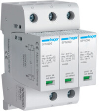 HAGER SPN900R Kombinovaný svodič přepětí T1+T2, Iimp 12,5 kA (10/350), 3-pól pro síť TN-C 